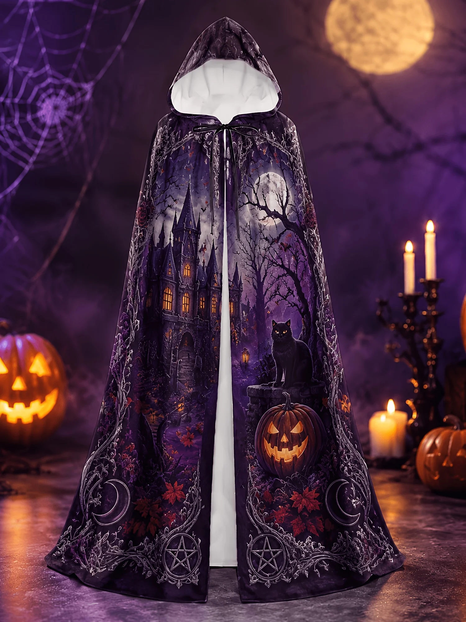 [Printed Design - Not Textured] Women'S Halloween Costume Hooded Robe, Gothic Halloween Scene with Ghost Castle And Black Cat, I