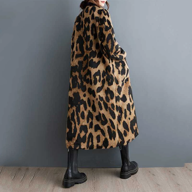 Beautyblue New in Coats&jackets Leopard Elegant Coat Woman Long Sleeves Pockets Split-Joint V-Neck Outerwear Female Trench Coats