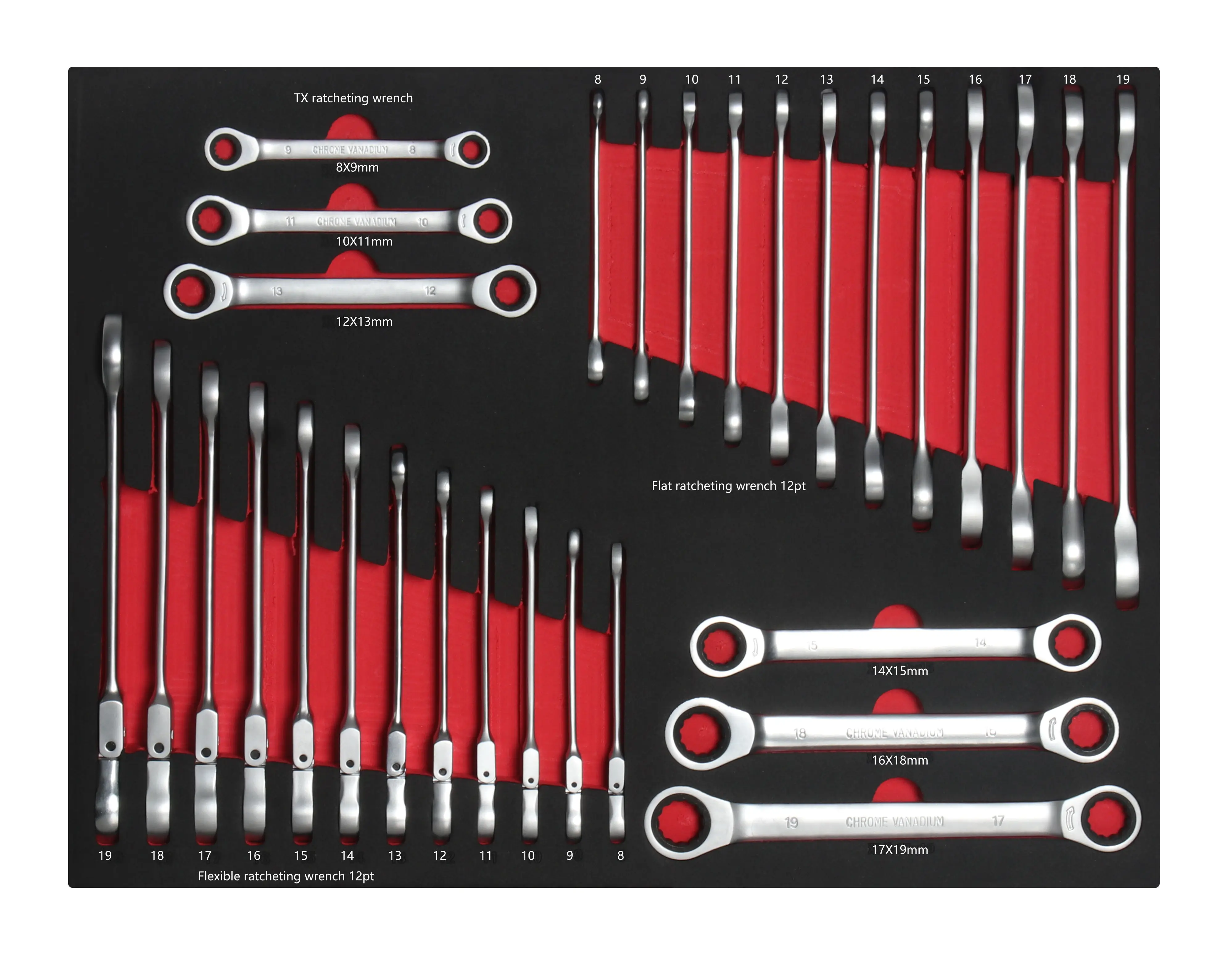 BIG30 30-Piece EVA Foam Tray Open-End Reversible Metric Locking Flex Ratcheting 72-Tooth Double Box End Ratchet Set