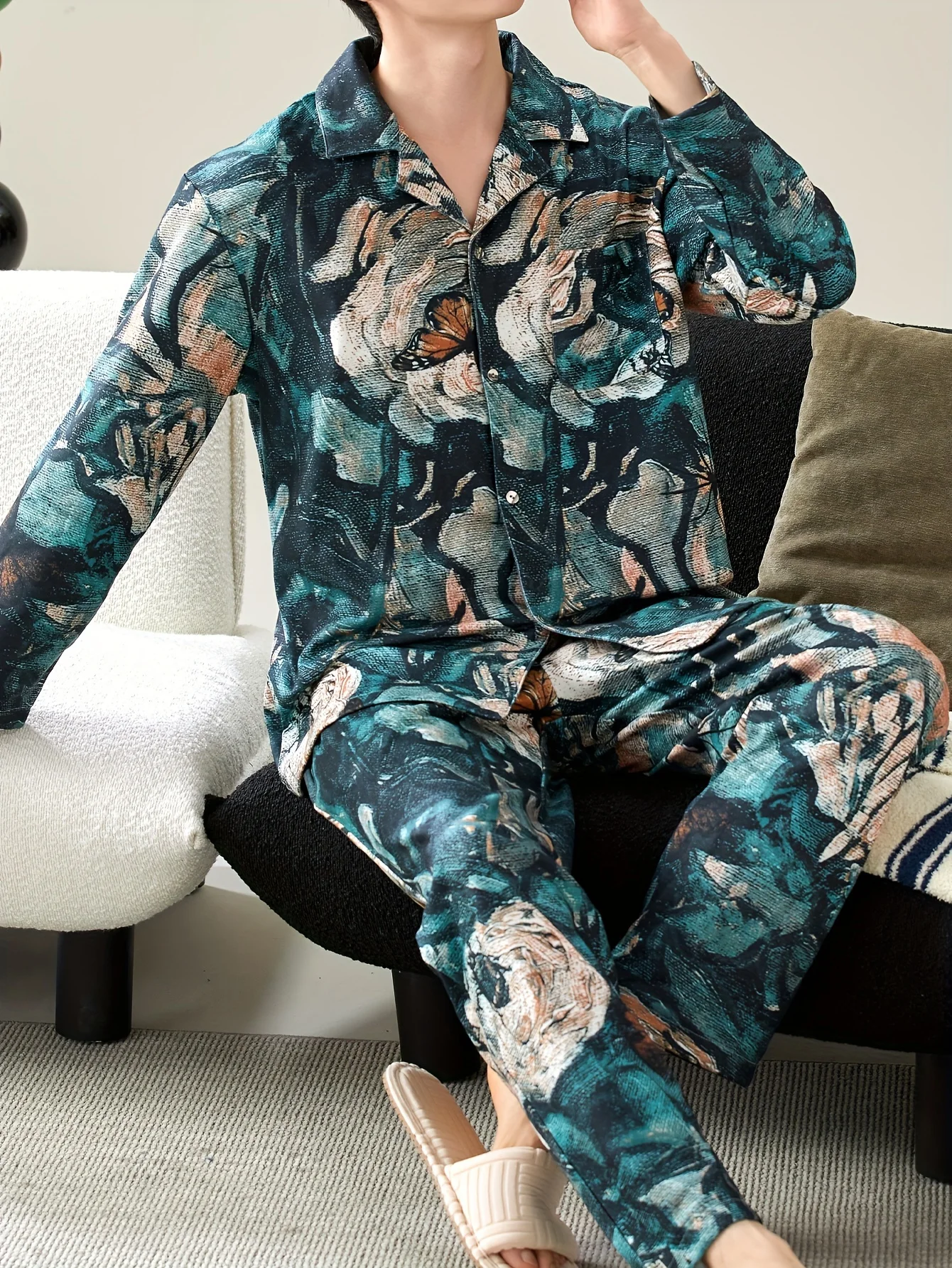 

Комплекты из двух предметов, мужские пижамы, осенние и зимние брюки с длинными рукавами и рисунком листьев лотоса, комплект одежды для сна