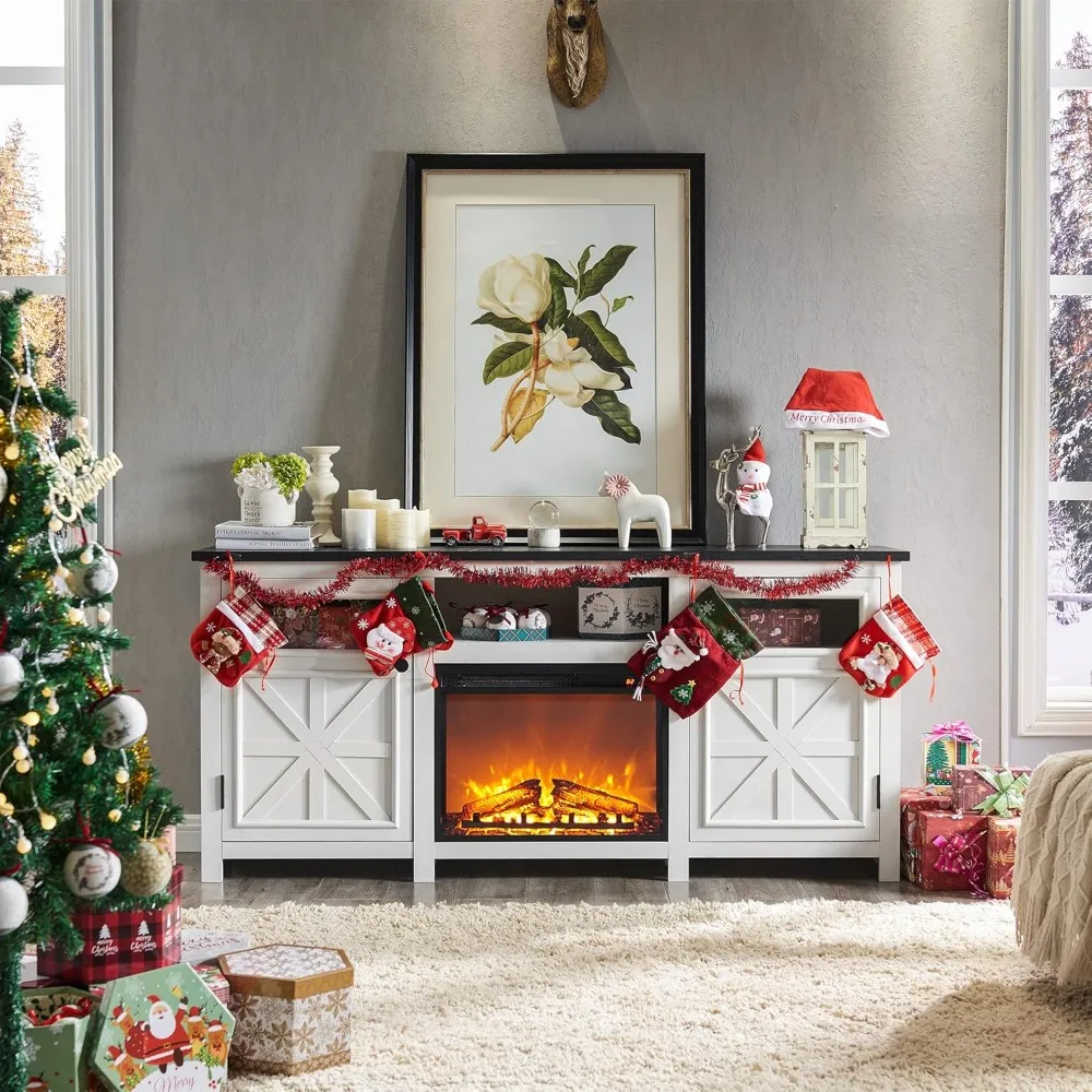 

Fireplace TV Stand for 80 Inch TV, Farmhouse Highboy Entertainment Center w/23'' Electric Fireplace & Cross Barn Door