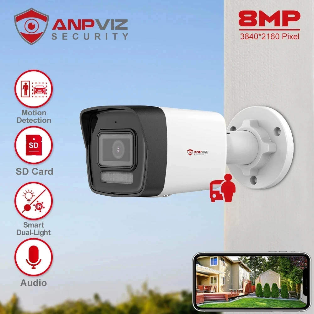 Anpviz 8MP POE IP Bullet Camera Outdoor Smart Dual-Light Color Vu 30m CCTV Video Surveillance SD Card Slot Human/Car Detection