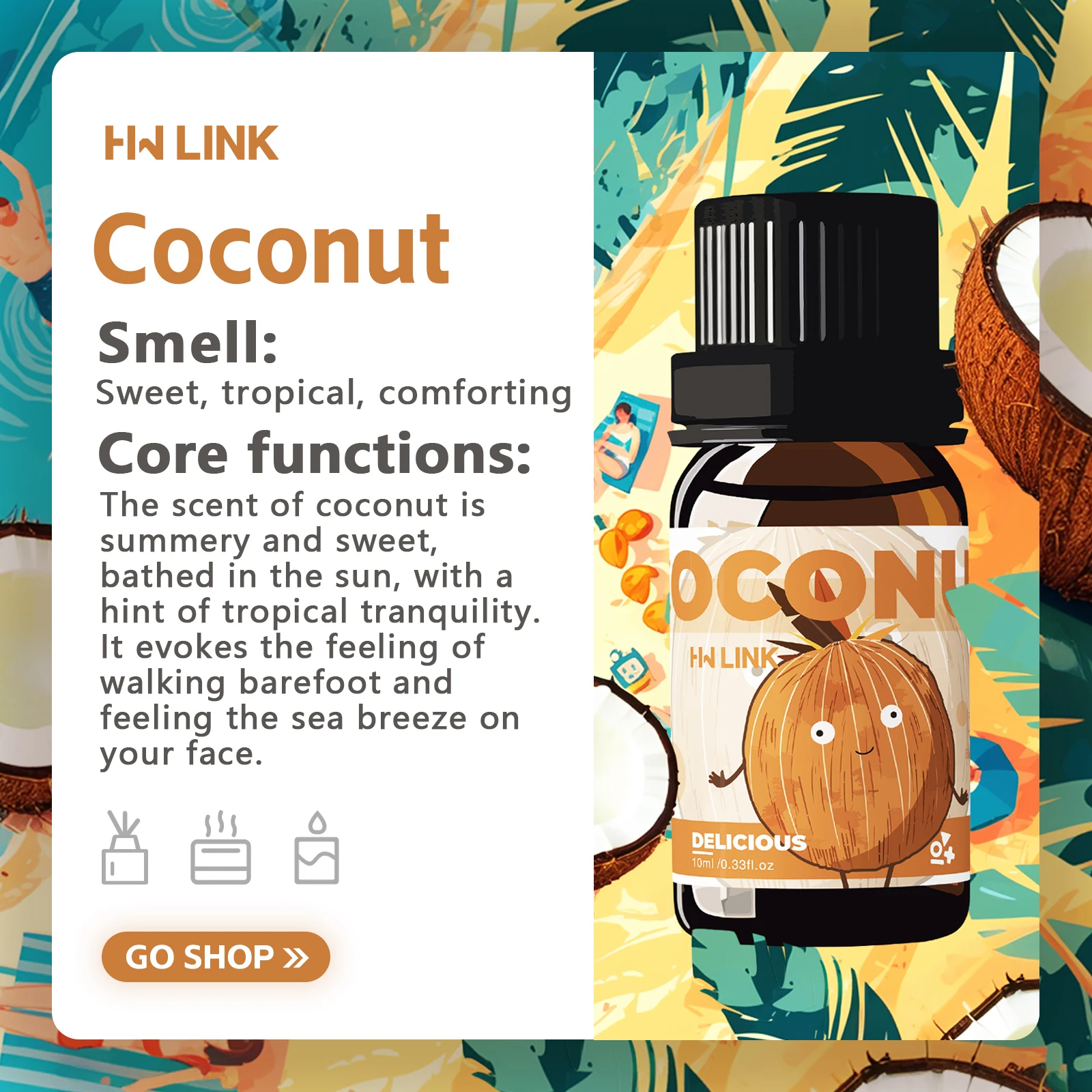 10ml น้ํามันหอมระเหยมะพร้าว Noix De Coco Parfun น้ํามันหอมระเหย Coco น้ําหอม Skin Care นวด Body Oil สําหรับเทียน,น้ํามันหอมระเหย