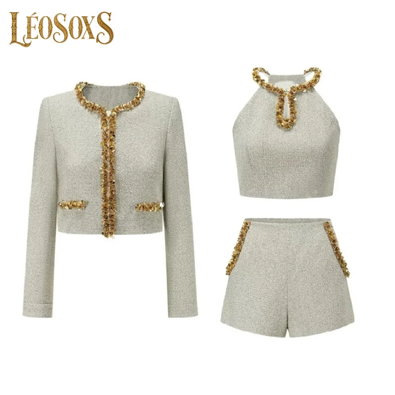 

LEOSOXS женский блестящий твидовый наряд из трех предметов, укороченная куртка с золотой подкладкой, жилет, топ, шорты на 2025 элегантных праздничных мероприятий