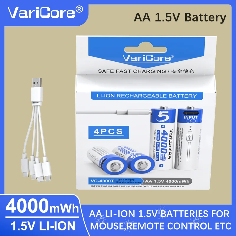 

VariCore 1.5V AA Rechargeable Lithium Battery 4000mWh (2680mAh) Constant Voltage, Fast Charging in 2H, Long Lasting Power for Ca