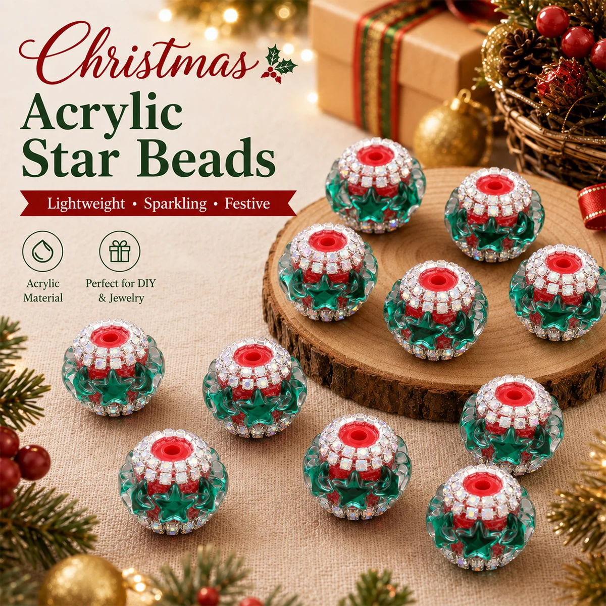 15x19mm 2Pcs Christmas Green Star Acrylic Round Beads for Making DIY Bracelets Necklaces Keychains Various Jewelry Accessories