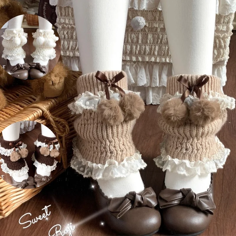 New Original Japanese Sweet Lolita Lace Fluffy Ball Socks Women Autumn Leg Warmers JK Cute Leggings Y2K Girl Lovely Pile Socks