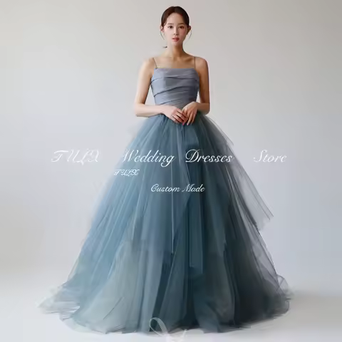 TULX Fairy Blue Tulle Evening Dress Korea Wedding Photo Shoot Dresses Straps Bridal Gowns Evening Party Dress Corset Back Custom