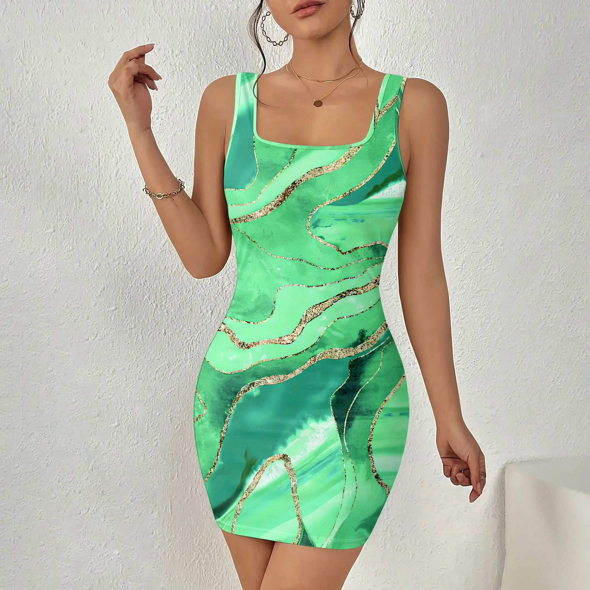 

Green Marble Mini Dress, Sleeveless Bodycon with Gold Veins, Party Club Wear, S-2XL