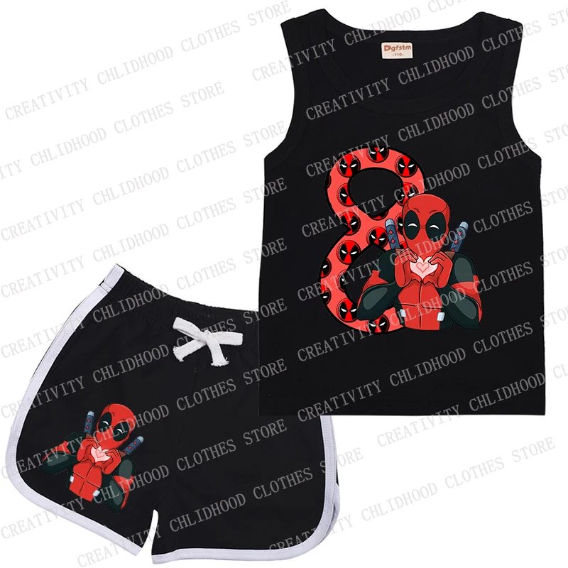 Children Sports Suit Deadpool Birthday Number 1-14 Kid Vest & Shorts Cartoons Casual Clothes Sleeveless for Girl Boy Sets