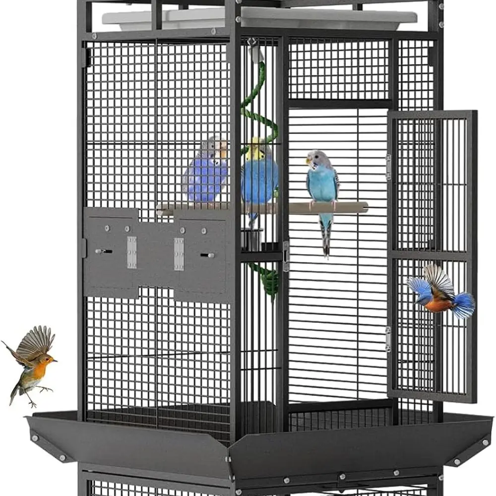 

Large 60 Wrought Iron Bird Cage with Rolling Stand, Play Top, and 4 Stainless Steel Bowls for Various Parrots and Small Birds, B