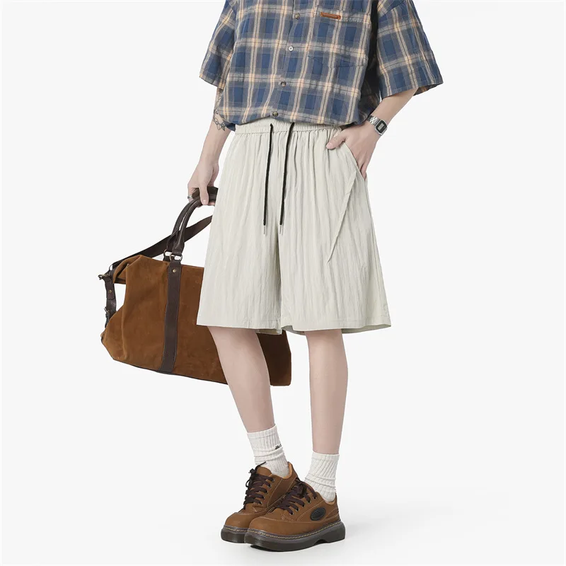 

American Style Spring Summer Fashion Men's Breathable Casual Trendy Simple Loose Solid Color Knee Length Shorts Male Trousers