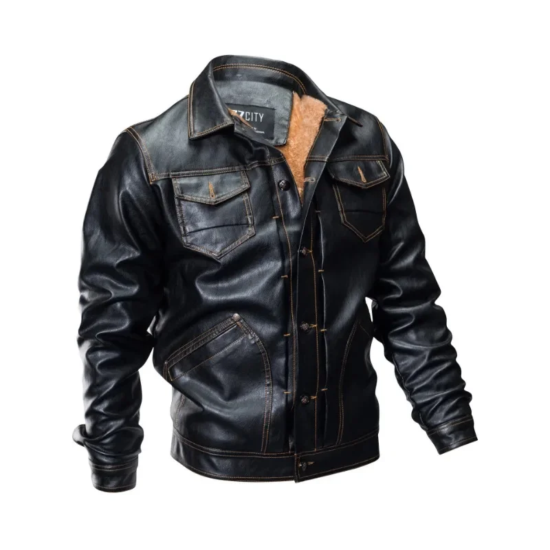 2023 New Men Fashion Short Man Casual All-Match Solid Color PU Leather Jacket Winter Thicken Multi-Pocket Outwear