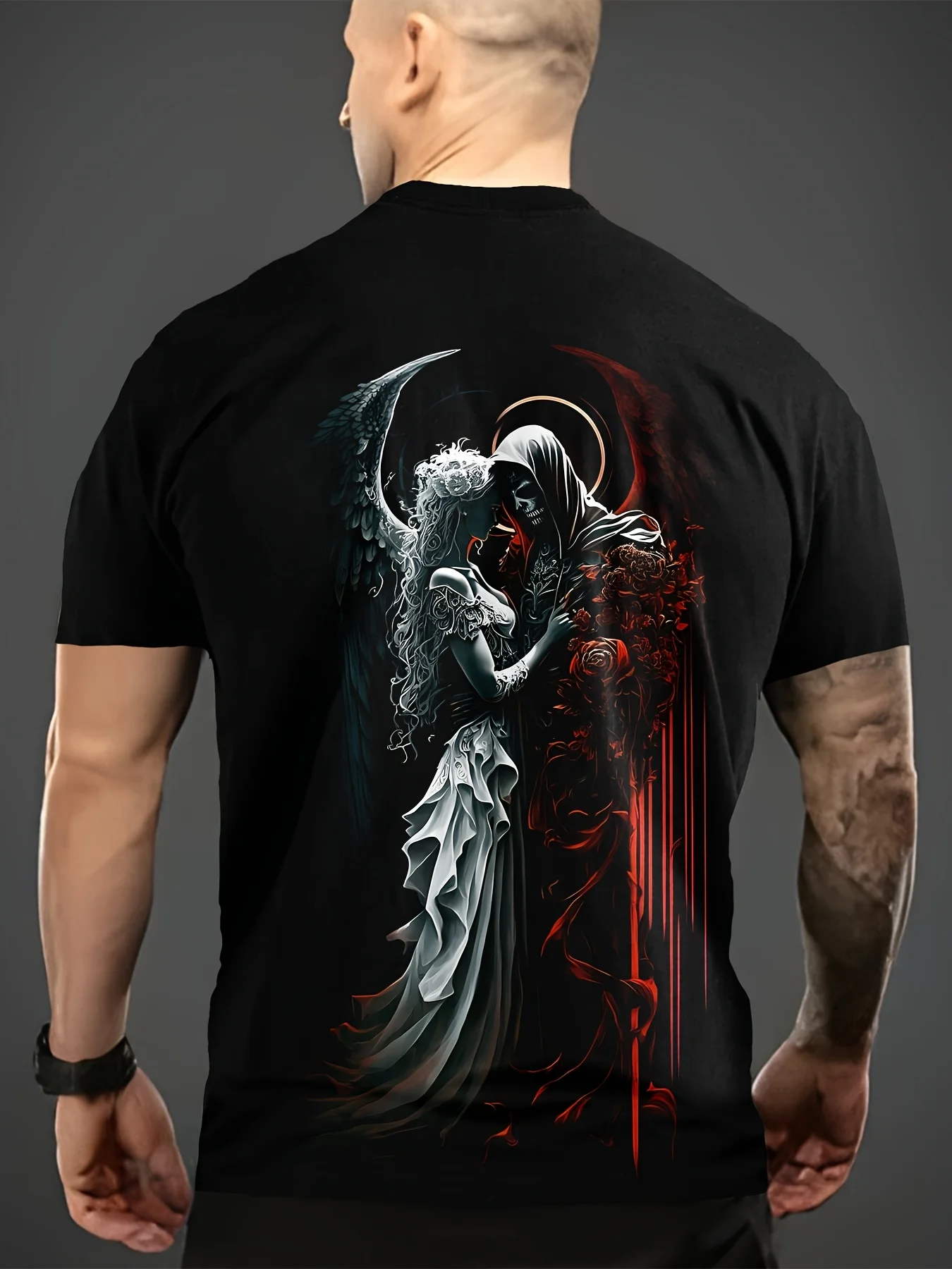 

Men Red White Death God 3D Print T-Shirt Casual Summer Short Sleeve Tee with Gothic Angel Graphic for Outdoor Sports