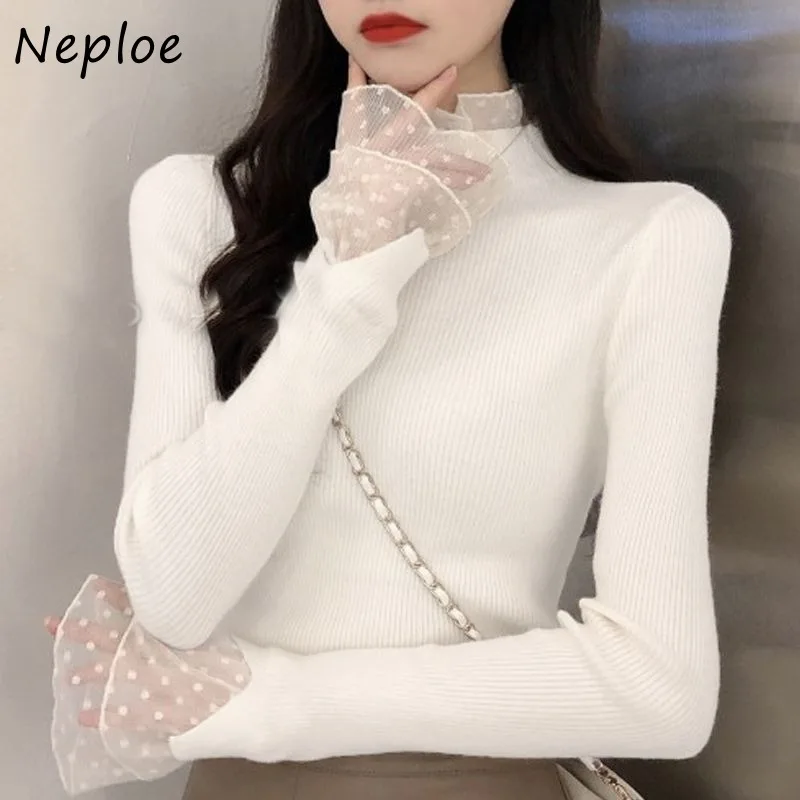 Neploe Korean Fashion Fake Two Piece Sweaters Mujer Autumn Sweet Lace Long Sleeve Tops Women Y2k Slim Fit Knitted Pullover