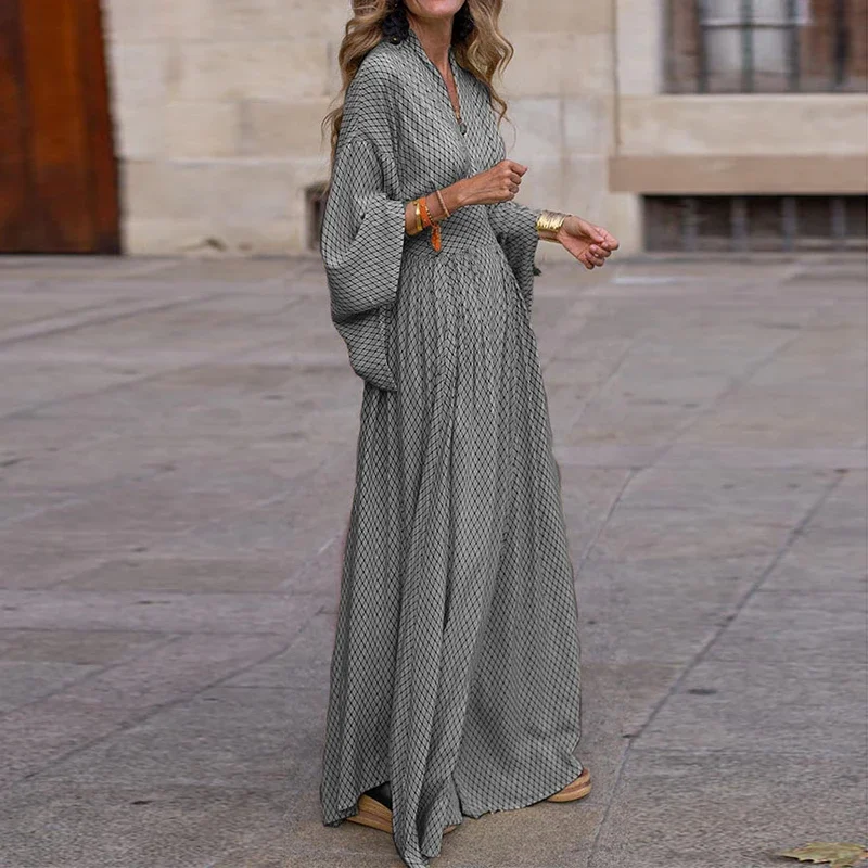 

Autumn Loose V Neck Waist Retraction Maxi Dress Lady Streetwear Fashion Flare Sleeves Mid Waist Geometric Printing Party Dresses