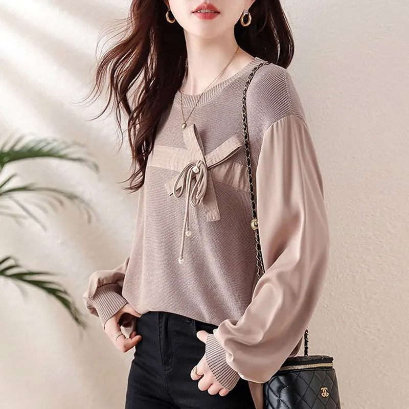 Spring Autumn Fashion Knitted Spliced Blouse Casual Round Neck Women\'s Clothing Korean Bow Drawstring Vintage Long Sleeve Shirt