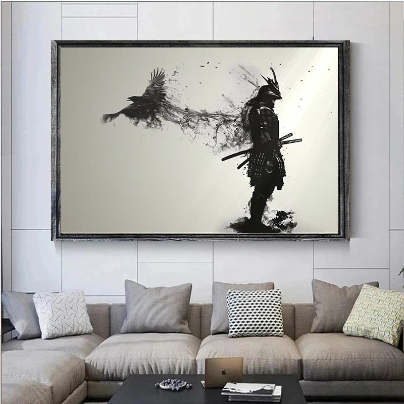 Japanese Samurai Man Warrior with A Flying Crow Art Poster Prints Canvas Painting Wall Art Picture for Room Home Decor Cuadros