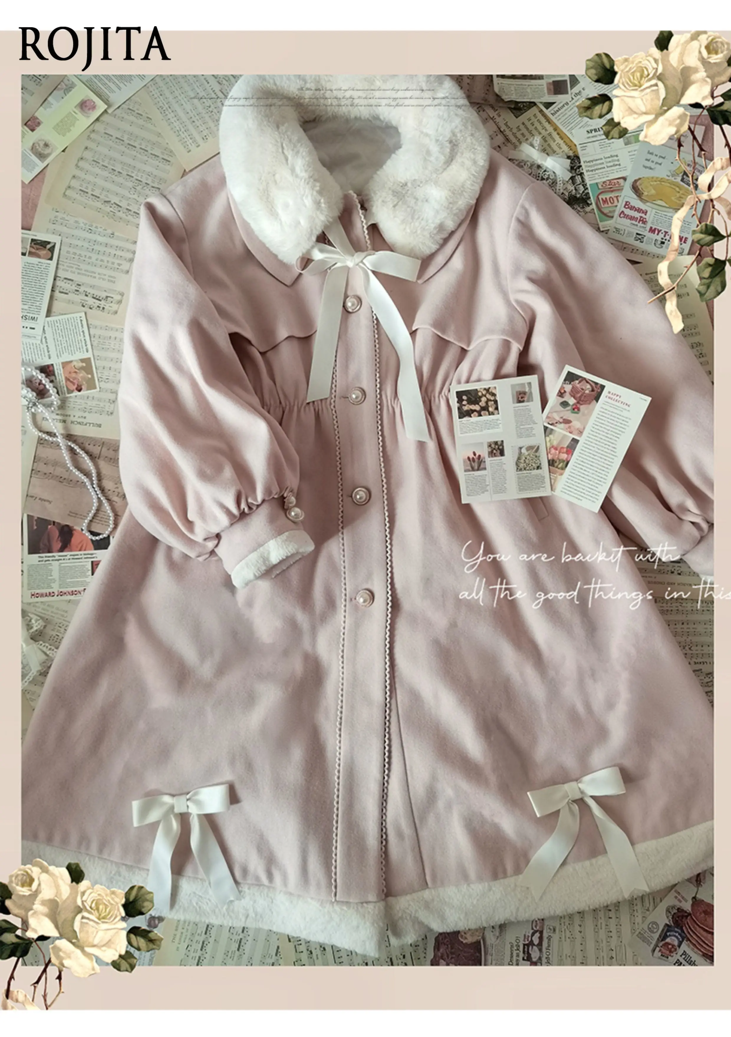 Winter JK Uniform Woolen Coat for Women Autumn and Winter College Style Mid-Length Pink Quilted Coat with Detachable Fur Collar