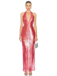 Sexy Halter Deep V Neck Sheer Sequins Long Dress Women Light Red Sleeveless Backless Sequined Slim Dresses Celebrity Party Gowns