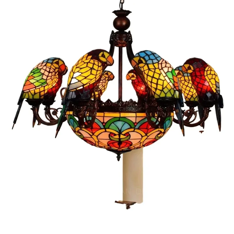 

Tiffany light luxury lamp stained glass double-layer bird chandelier pastoral living room bar parrot multi-head chandelier