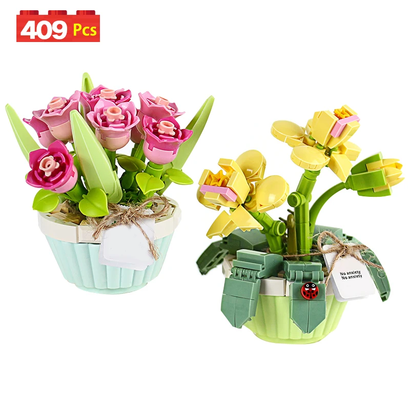 409pcs City Mini Orchid Flower Plants Potted Building Blocks Friends Gypsophila Tulip Home Decoration Bricks Toys for Kids Gifts