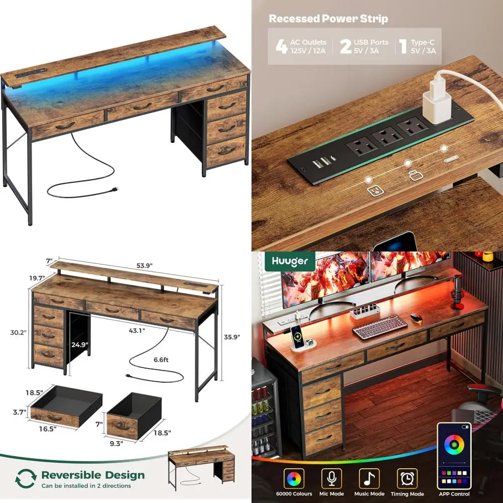 

Large Gaming Desk with 6 Drawers, LED-lit Computer Desk with Power and Type-C Ports, 55 Storage Office Desk