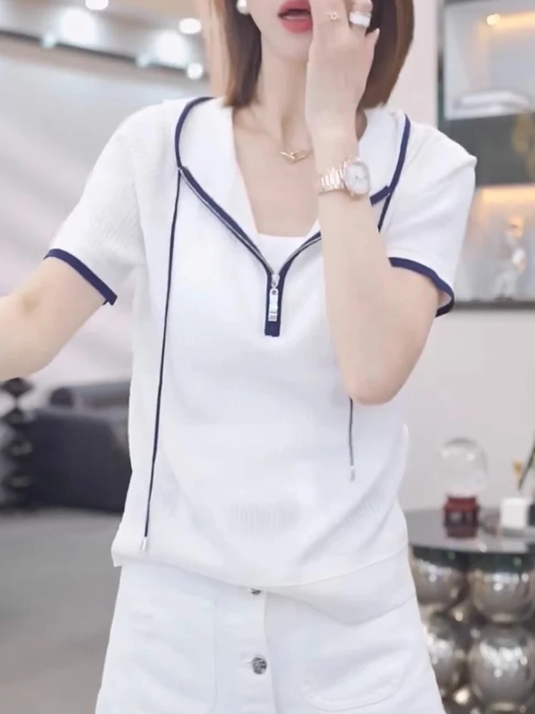 カジュアル通勤ファッショナブルなフード付きTシャツジッパーデザインまたはオーバーヘッドベースTシャツアンチエイジング女性用トップシルク素材