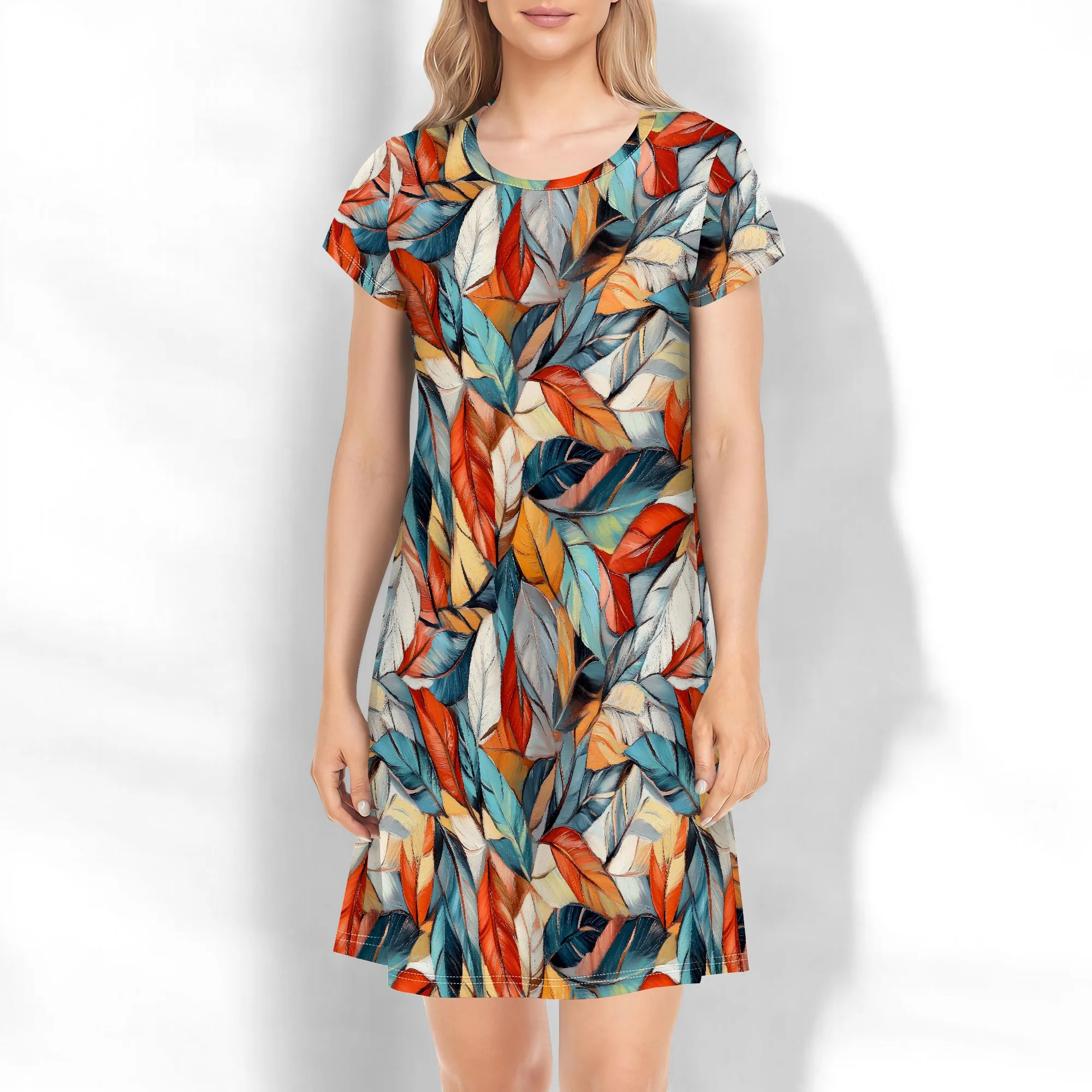 

EQQZD Standard Size Feather-Printed Dress, Elegant Short-Sleeved Mini Dress, Casual Loose Dress for Summer Outings