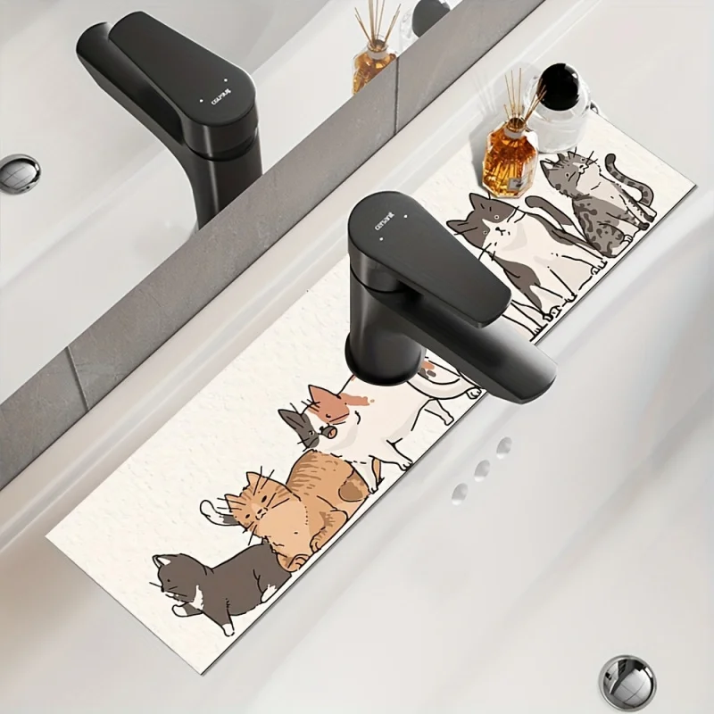 VIKAMA  Cute Cat-Themed Sink Drain Mat for Bathroom Vanity Faucets – Quick-Drying Protective Mat for Home Decor
