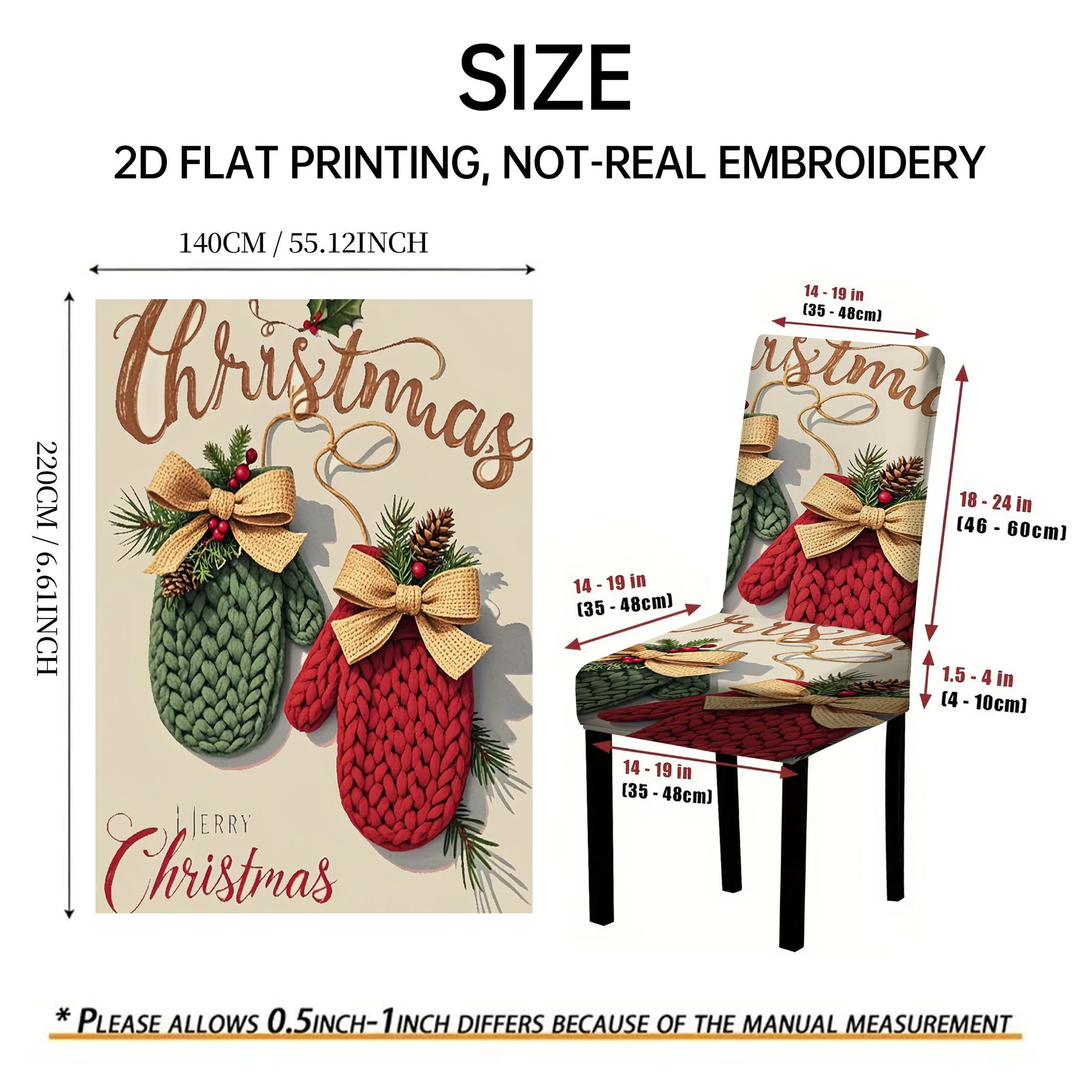 2/4/6 PCS Christmas Red Green Gloves Elastic Dining Chair Covers, Winter 2D Flat Printed Christmas Decoration Chair Covers