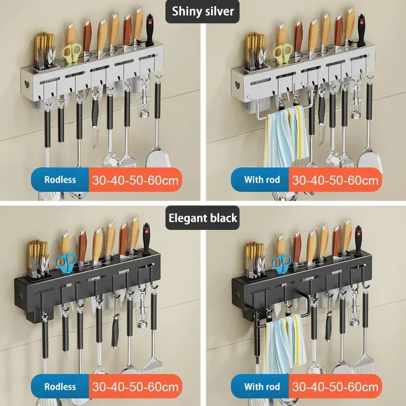 

Carbon steel Wall-mounted Multifunctional Storage Knife Rack with Multiple Brackets and Hooks Punching-freeKitchen Storage Rack