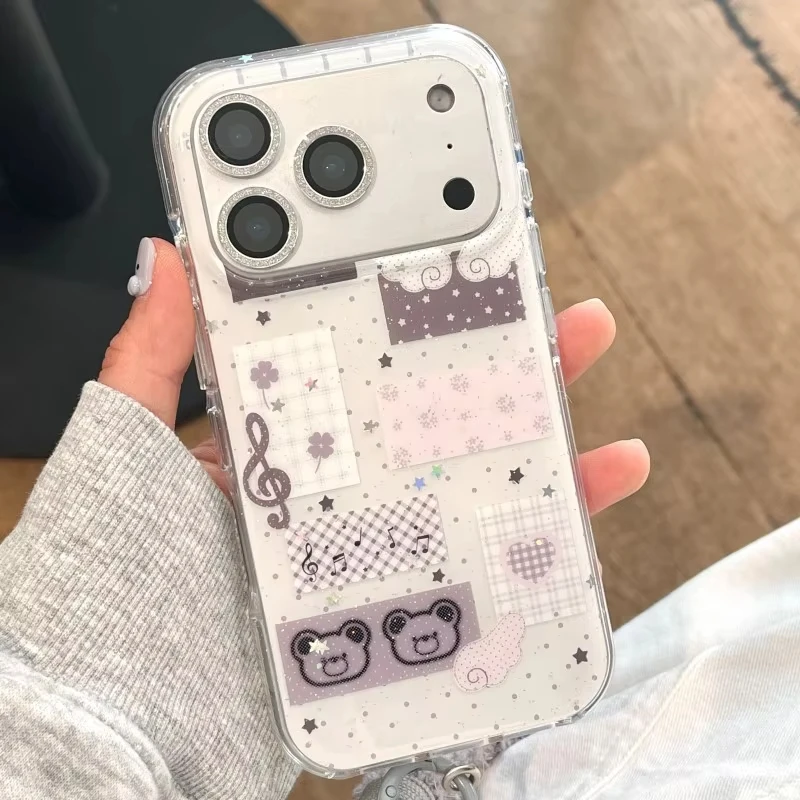 Korean Cute Musical Notation Bear Phone Case For iPhone 17 Air 16 Pro Max 15 14 Plus 13 12 11 Pro Shockproof Silicone Back Cover