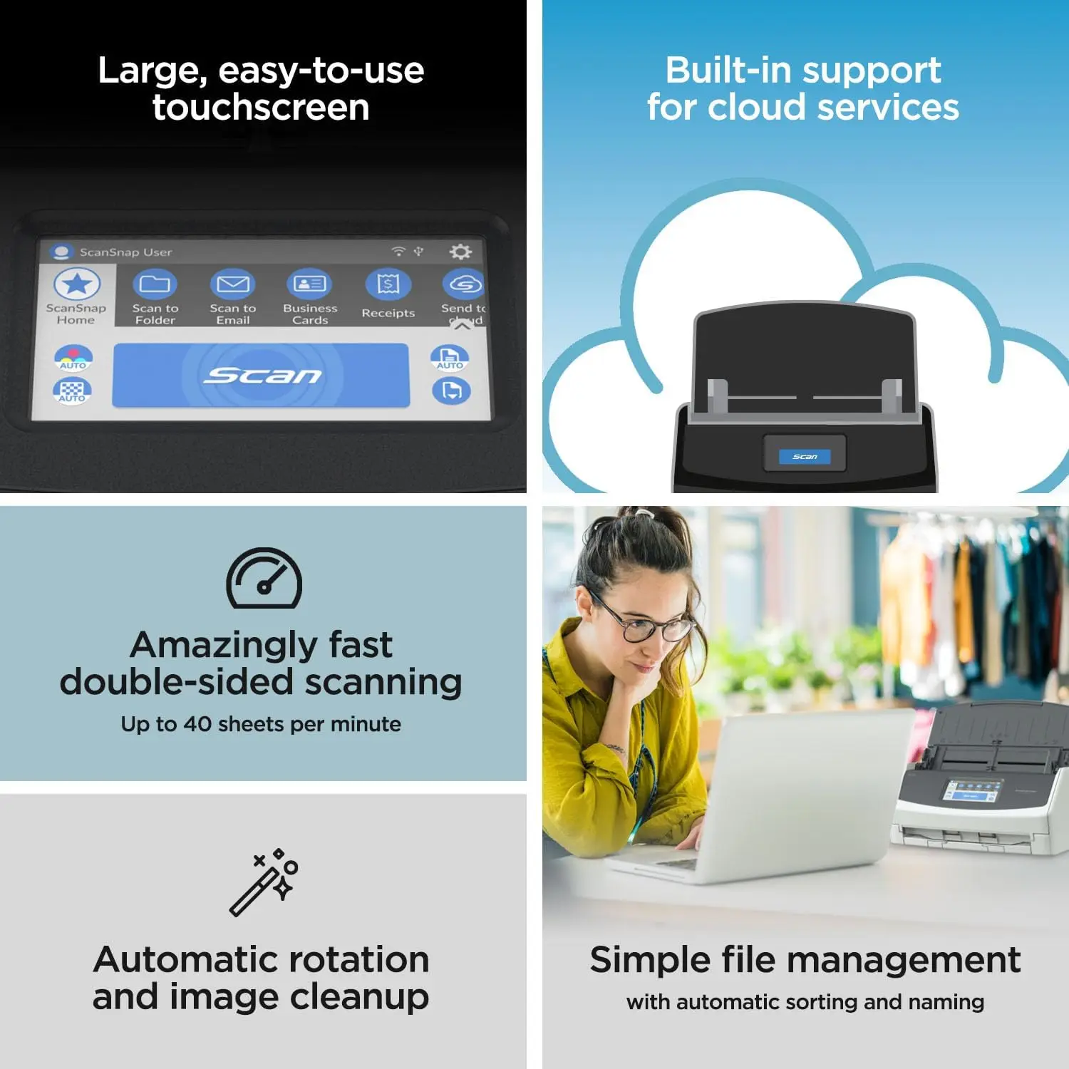 USB High-Speed Cloud Enabled Document, Photo & Receipt Scanner with Large Touchscreen and