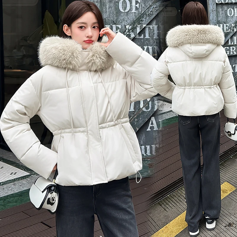 Female Winter Waist Cinched Slim Parka Faux Fur Hood Short Quilted Jacket Long Sleeve Insulated Casual Streetwear Outer Layer