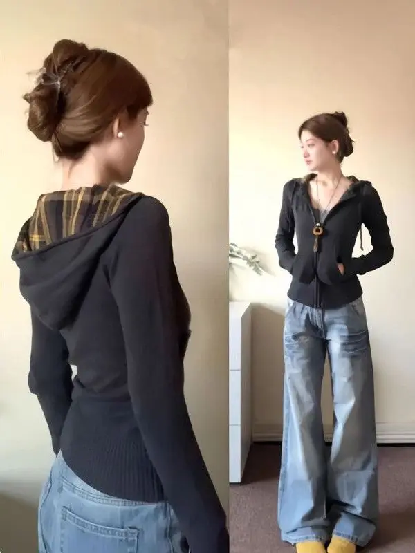 

plus Size American Retro Plaid Hoodie Women Slim Fit Waist Cinching Zipper Open Cardigan Slimming Top Ladies Sweatirt