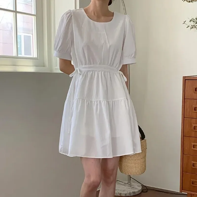 

Sweet Hot Girl Chic O-neck Lace-up Slim Fit Dress for Women's Summer Casual Bubble Sleeves Short Dress Fashion Female Clothes