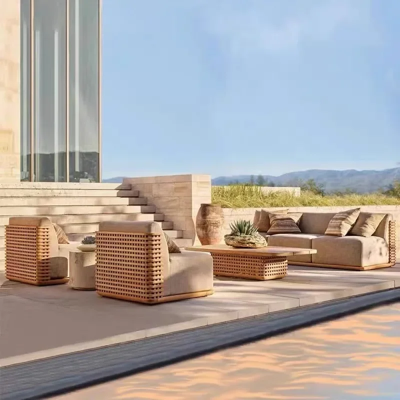 Nordic outdoor teak sofa, courtyard villa resort, all teak outdoor sofa coffee table combination