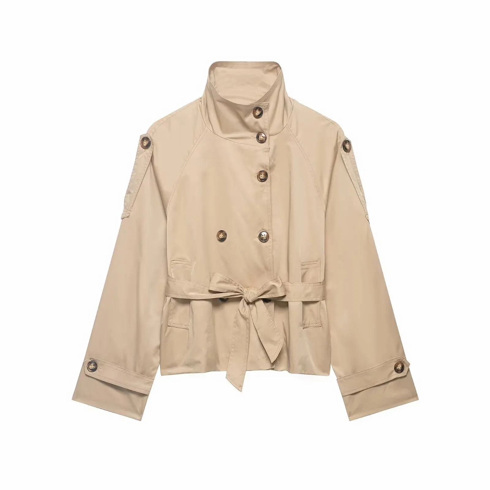 Damen Cropped Trenchcoats Herbst-Outfit für Frauen Doppelreihige Stehkragen-Mäntel Damen Casual Vintage Jacken – Detail 5