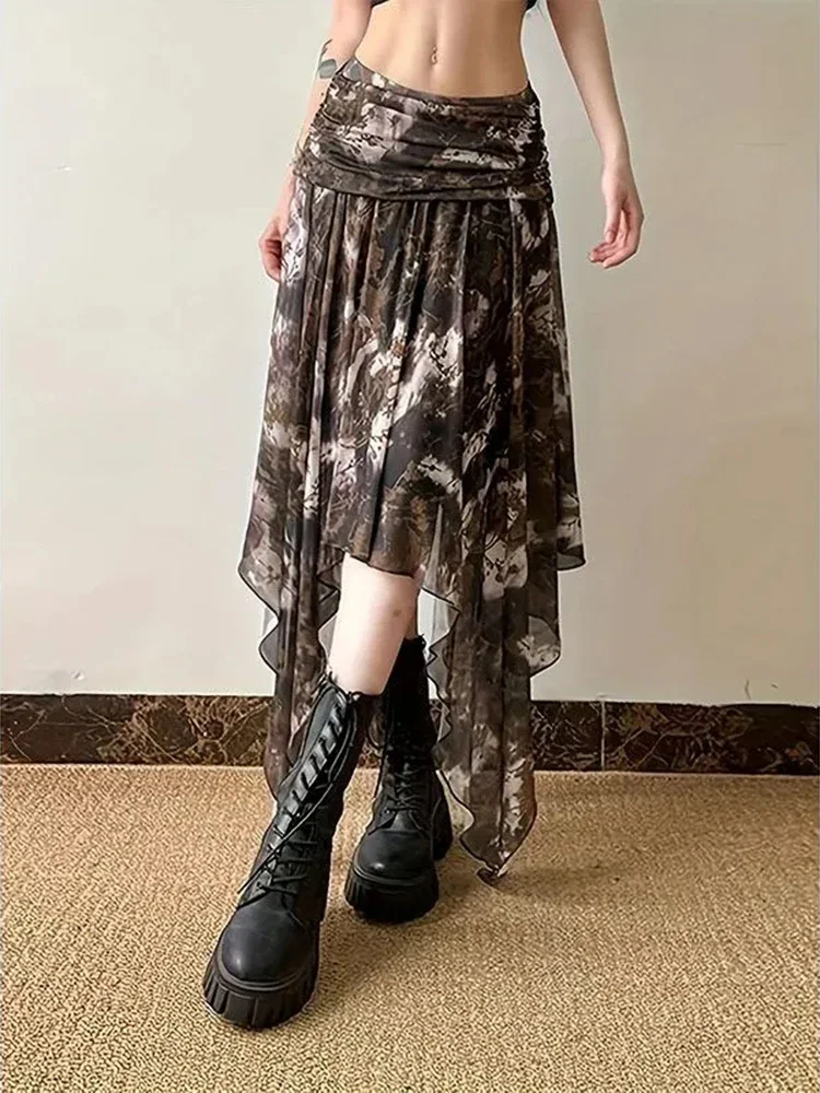 Jupe mi-longue rétro pour femmes, maille imperméable, Patchwork, jupes irrégulières imprimées, Streetwear, taille haute, Y2k, été