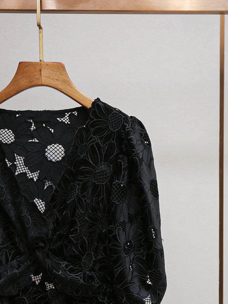 Women Black Midi Dress Daisy Embroidery Hollow Out Half Sleeve V-Neck Vintage Autumn 2024 Robe