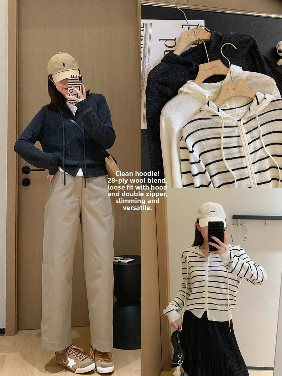 

Loose Fit Knitted Wool Blend Hoodie Double Zipper Open Cardigan Women's Faion Commute Sle Long Sve Color Top