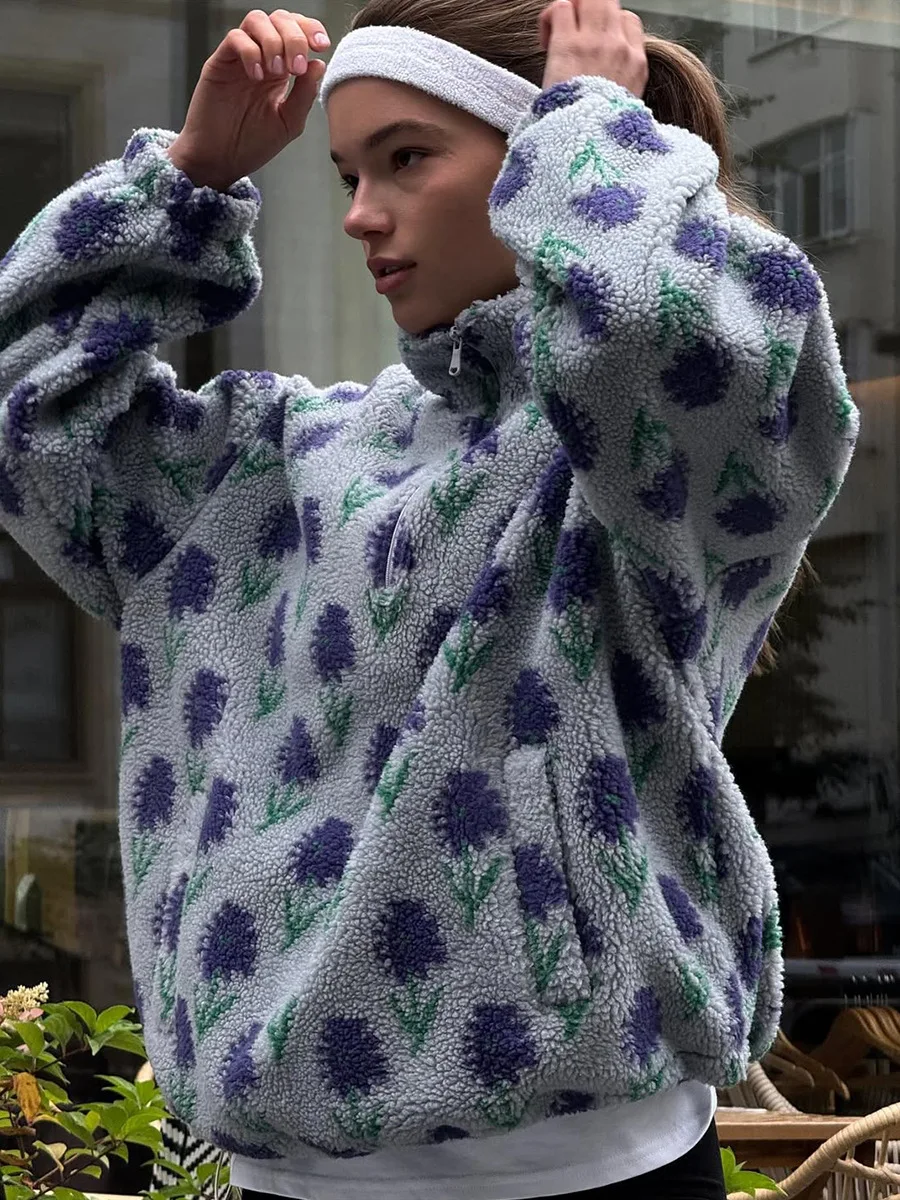 Wolfeel-Sudadera de lana Jacquard para mujer, sudadera holgada con media cremallera, sudadera de cuello alto, otoño e invierno