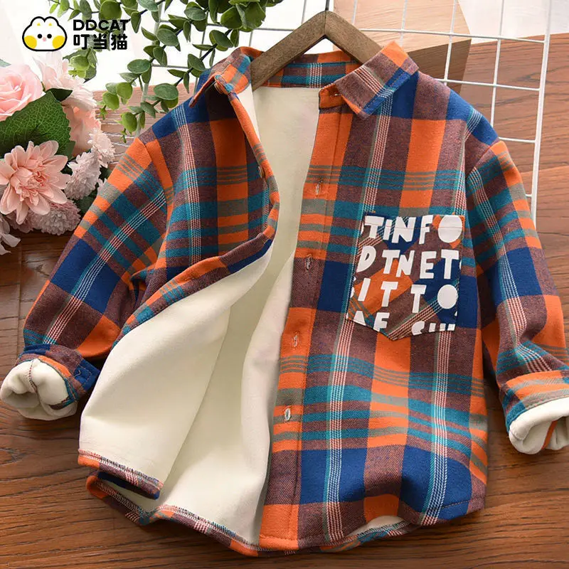 Boys\' Shirt Autumn and Winter Cotton Handsome Coat Middle Children\'s Plaid Long Sleeve Plush Spring and Autumn Shirt