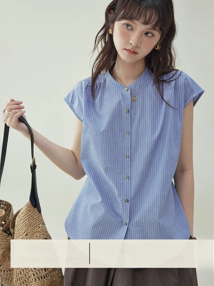 

Оригинальный женский летний свободный топ на пуговицах AMUU в синюю полоску Ba Tie Fly Sve irt в Корейском стиле из смеси хлопка ort Sve