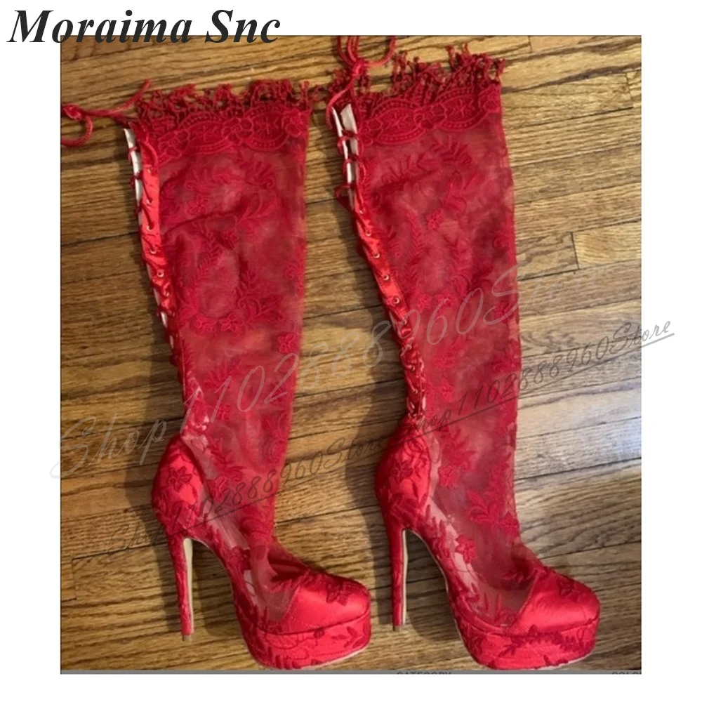 

Trending Knee High Red Lace Platform Boots Thin High Heel Shoes For Women Cross Tied Round Toe 2024 Fashion Zapatos Para Mujere