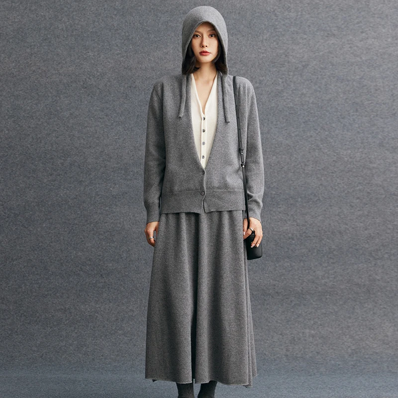 Women's Matching Set 100% Cashmere Knitted Fake Two-Piece Color Blocked Cardigan Loose High Waisted Skirt Two-Piece Set