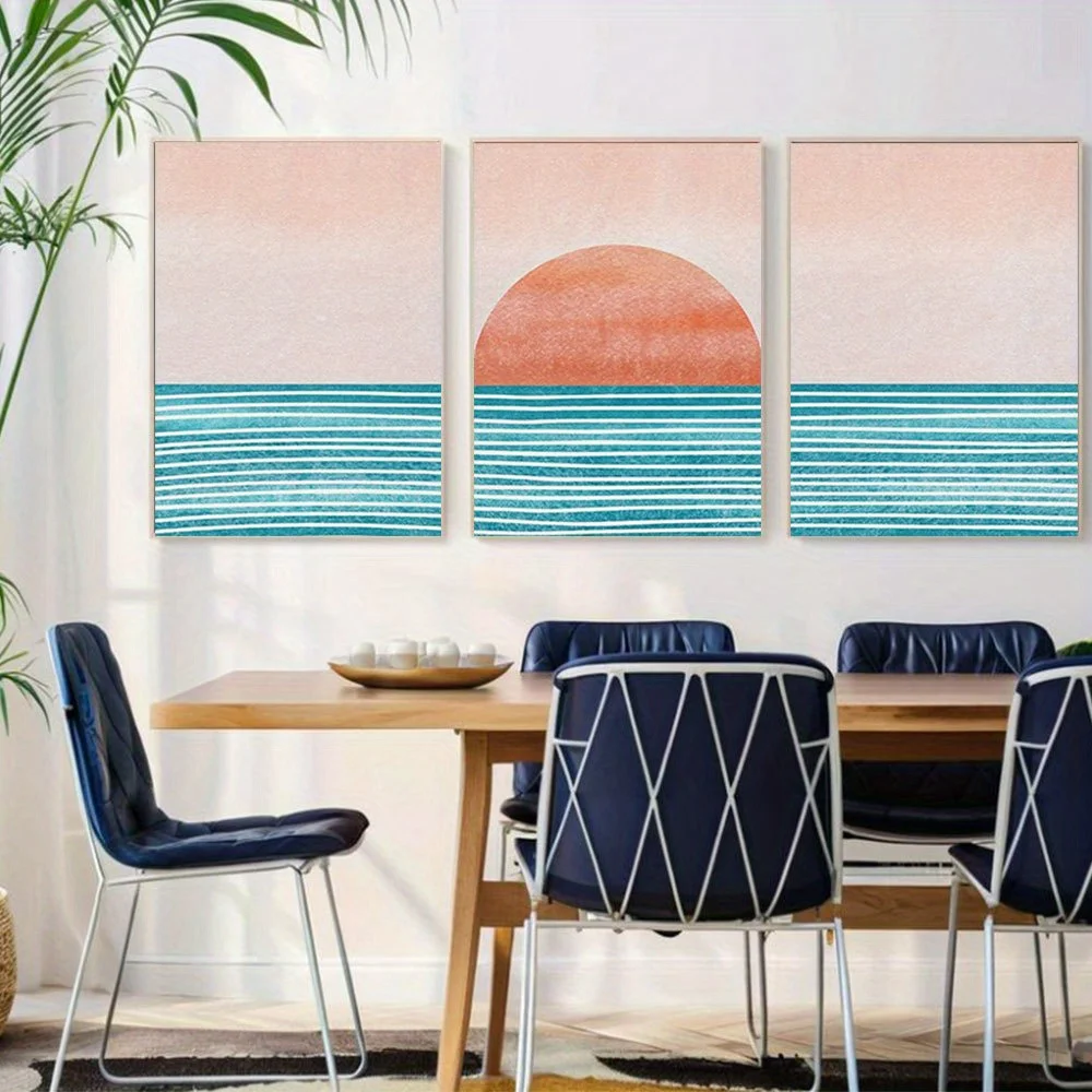 3pcs 2D Flat Unframed Wall Canvas Print | MidCentury Ocean Sunset Sun Horizon Nature Abstract Illustrations Modern Art Bohemi