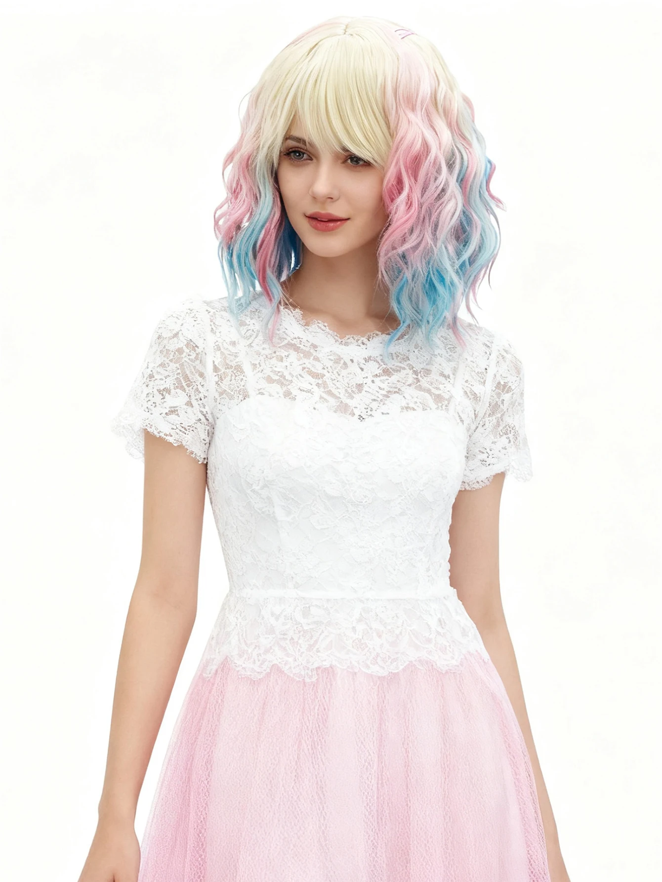 

Pink blue gradient short curly wig, European and American sweet girl style, daily street photography, role-playing synthetic wig