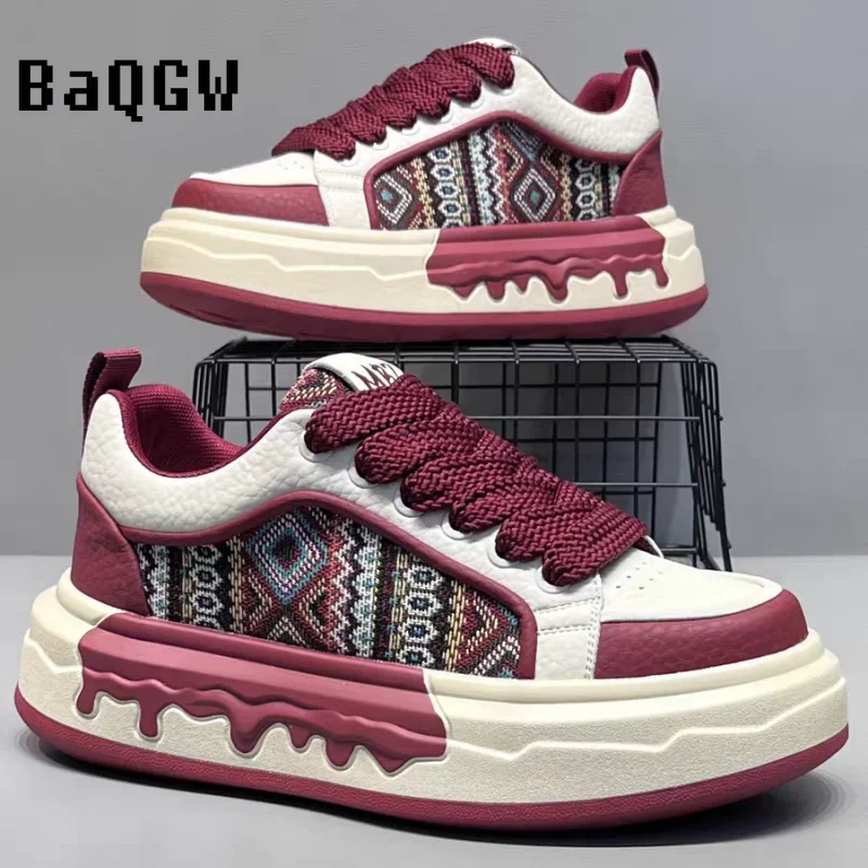 

Ретро-кроссовки на массивной платформе с этническим геометрическим узором для мужчин и женщин, повседневная обувь с цветовыми блоками, плетеный верх, уличный стиль